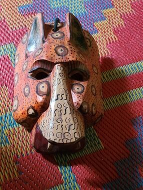 Hand-Carved Orange Leopard Mask Wall Art - Decorative Home Accent